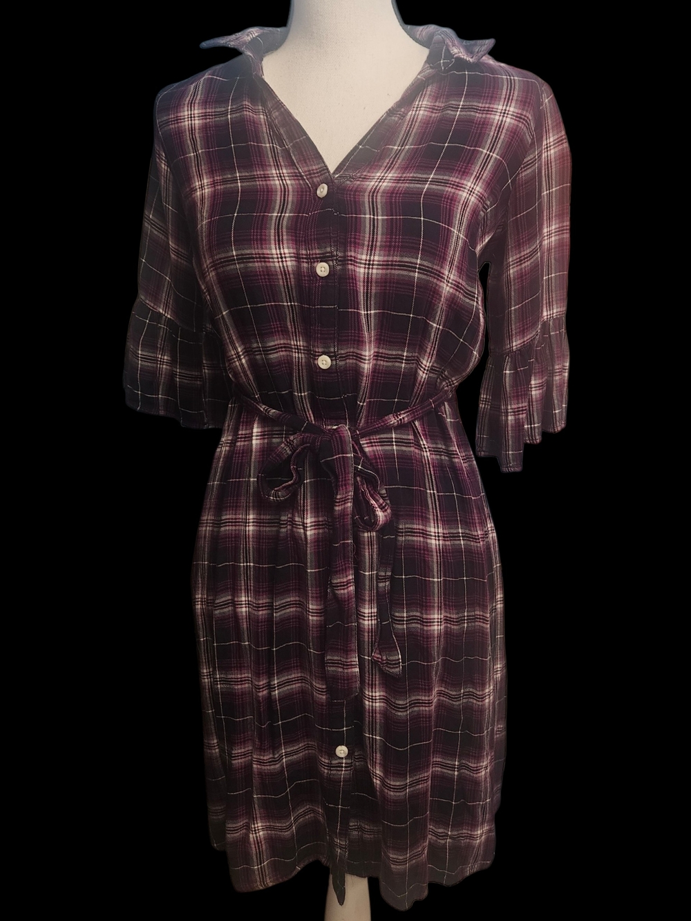 Plaid Button-Front Shirt Dress in Plum and Black